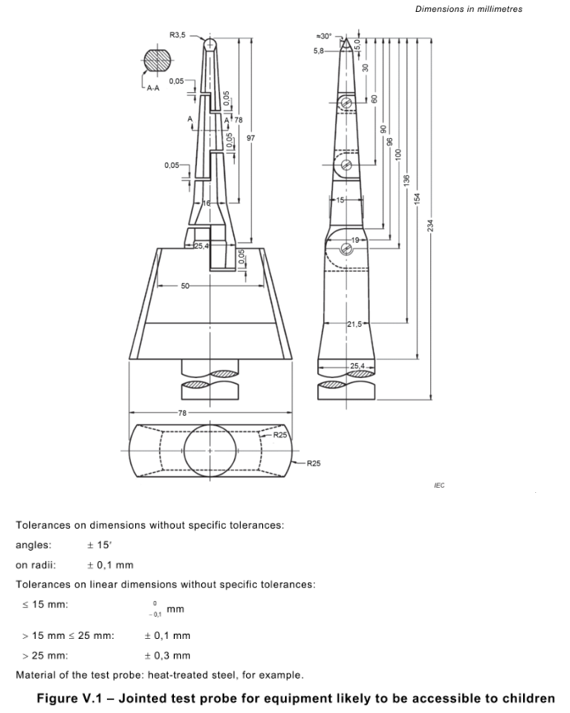 De Figuur V.1 van CEI 62368-1 de Testsonde van Roestvrij staal Rechte Unjoint 0